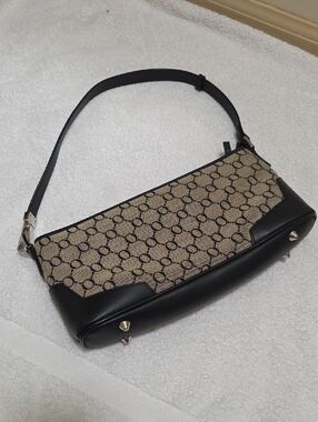 Oroton Signature Canvas & Leather Shoulder Bag Black Beige Monogram Baguette